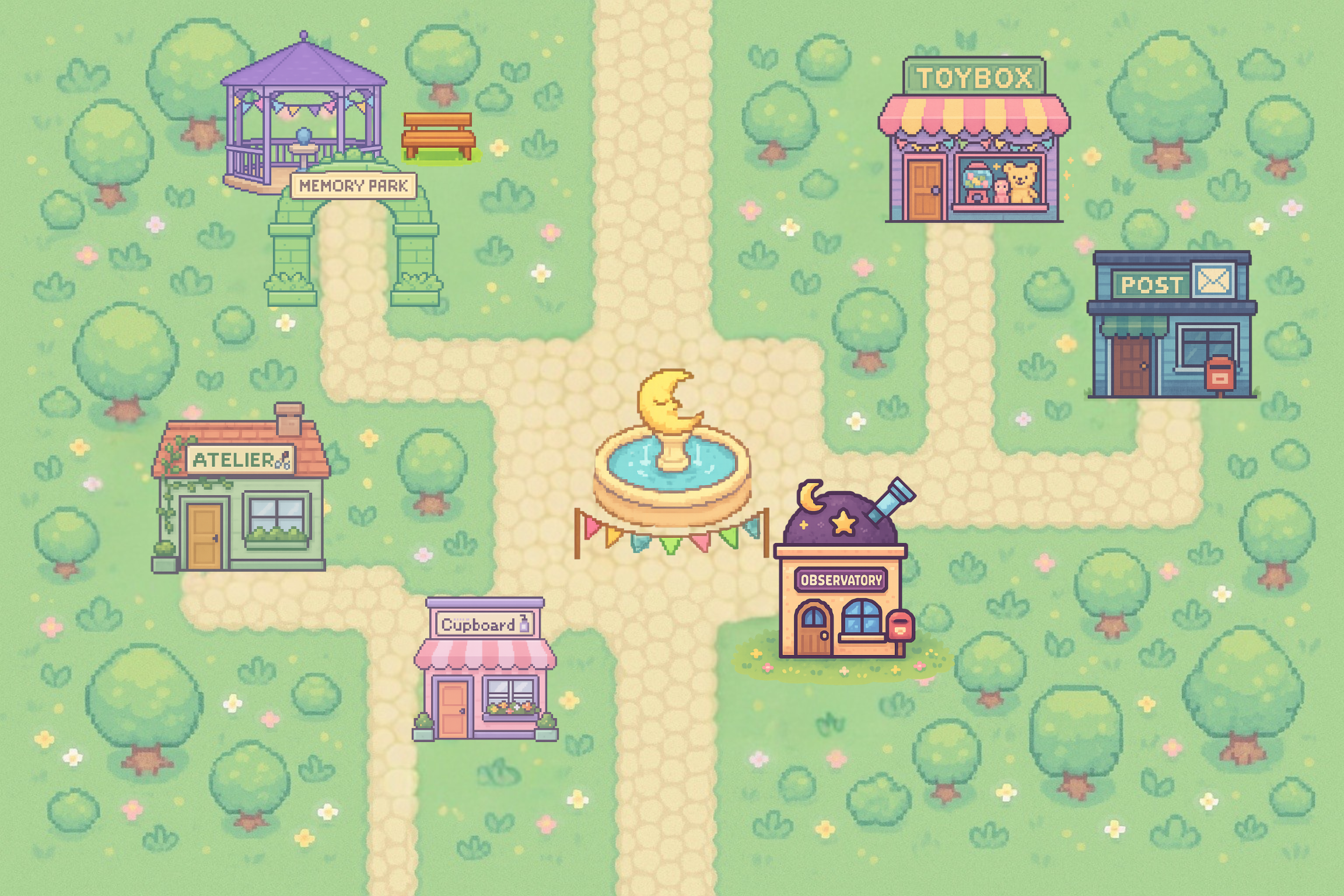 Pastel pixel town with trees, stone paths and seven building spots.